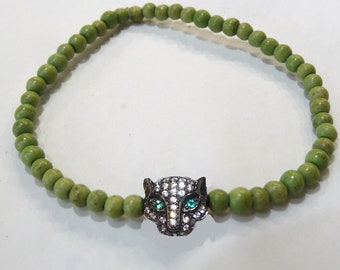 green howlite bracelet crystal panther bead gemstone jewelry rhinestone cougar for women girl on etsy