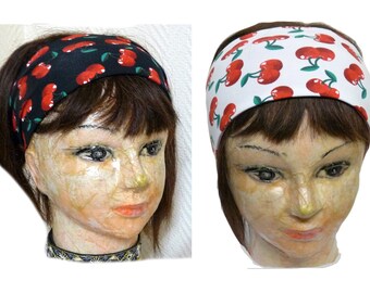Button headband for mask elastic relief ear saver cherries headband expandable and reversible white red black cotton girls womens hairband