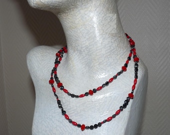 Long collier 2 rangs de perles semi précieuses hématite corail rouge Bijoux élégants