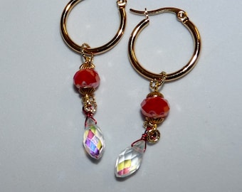 Boucles d'oreilles rouges anneaux dorés créoles pendantes bijoux perles gouttes en cristal