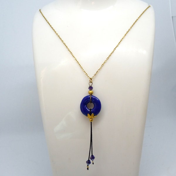 Collier bleu marine perle donut en verre fusing pendentif perle en verre de cristal bijou doré