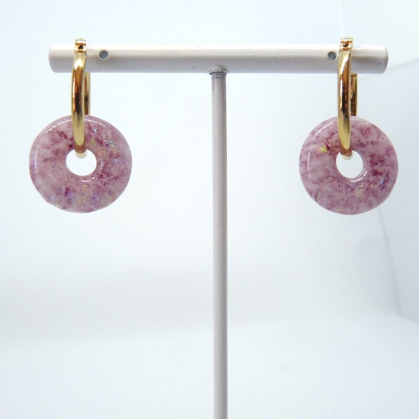 Boucles d'oreilles anneaux roses perle donut rond en verre dichroïque bijou en fusing doré