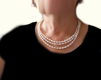 Collier 3 rangs blanc perles en verre grain de riz Bijoux élégants