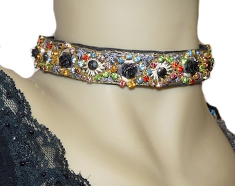 Embroidered Choker Glamor necklace colorful Rhinestones Haematite Mirrors black Chic ceremony costume jewelry on etsy