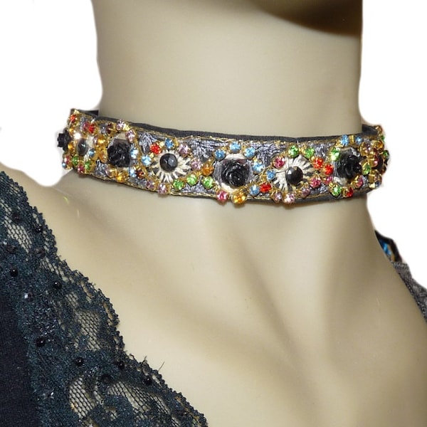 Ras de cou noir collier brodé de strass multicolores bijoux femme sur etsy