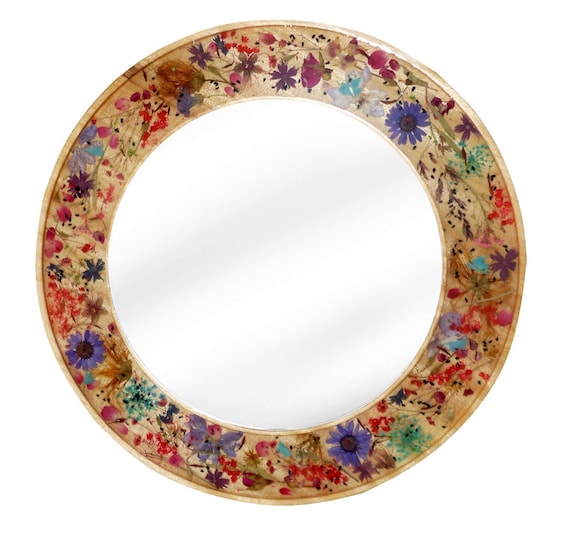 miroir rond fleuri décoration de fleurs multicolores dans la résine miroir mural en bois
