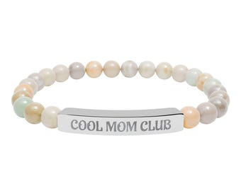 Mom Club Natural Stone Stretch Bracelet | Engraved Stainless Steel Bar