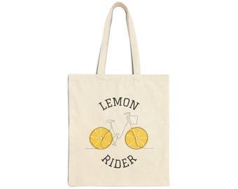 Lemon Rider bicycle graphic Tote | citrus wheels canvas tote