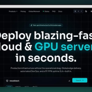 May include: A dark-themed website interface for Hostify Cloud featuring a grid background. The main text reads: Deploy blazing-fast cloud & GPU servers in seconds. Additional text includes: Production infrastructure without the operational drag.