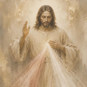 Divine Mercy Jesus Catholic wall art with red and pale rays in warm neutral beige and cream tones