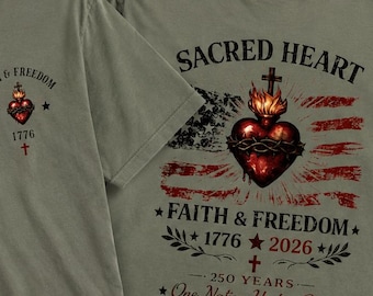 Gift for Christian Dad, Sacred Heart Catholic Patriotic Shirt, Faith and Freedom America 250 Tee, Father's Day Gift