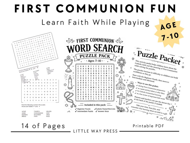 Catholic First Communion Word Search Printable PDF Kids 7-10, Religious ...