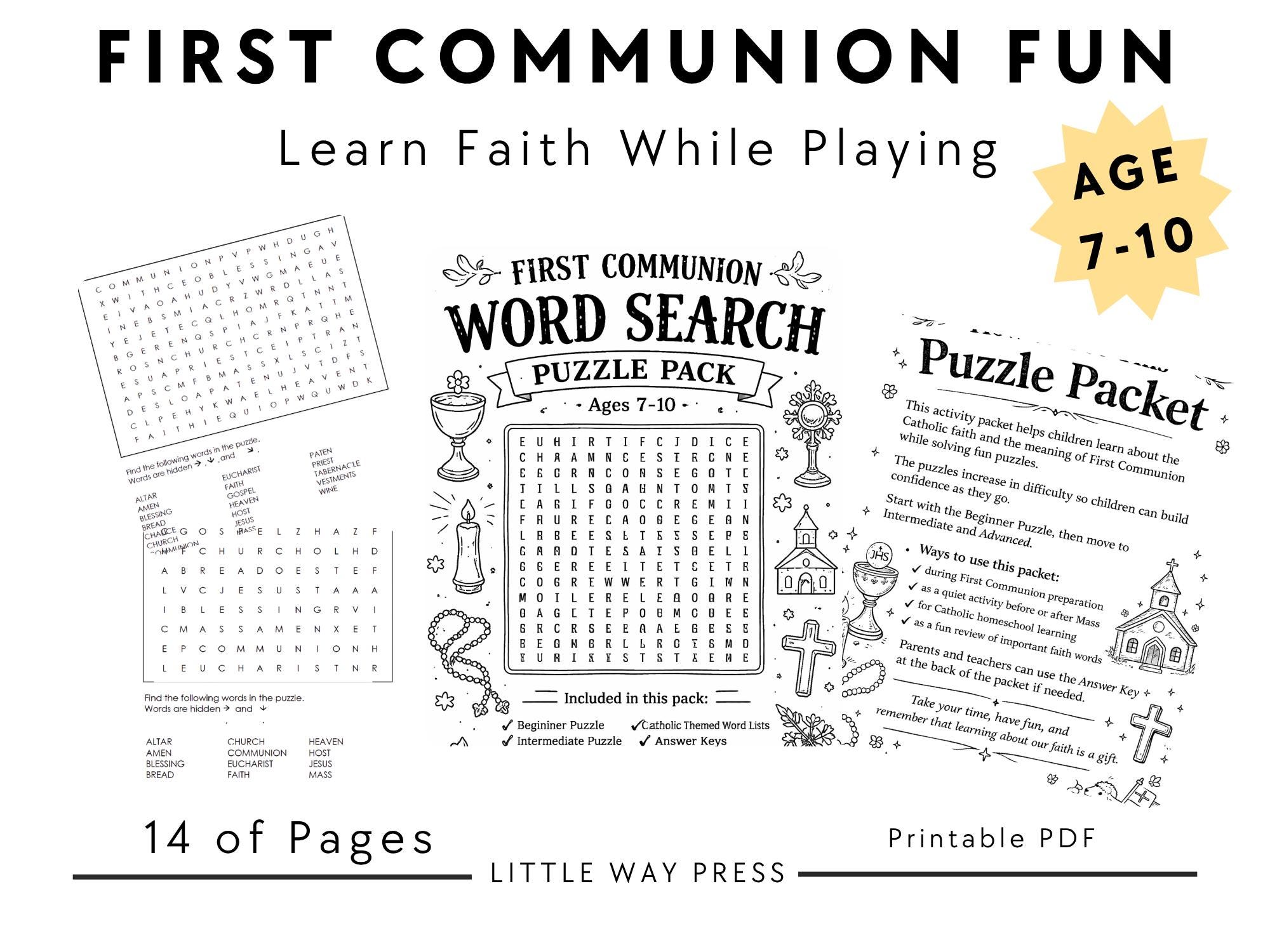 Catholic First Communion Word Search Printable PDF Kids 7-10, Religious ...