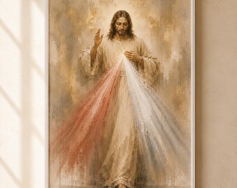 Divine Mercy Jesus Wall Art, Neutral Catholic Wall Decor, Textured Watercolor Christian Poster, Luxury Faith Home Decor Print