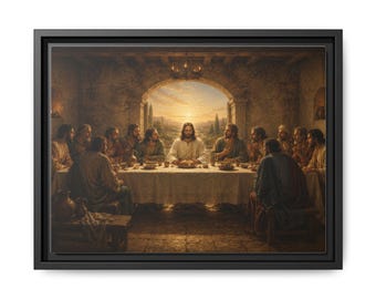 Last Supper Framed Canvas, Jesus and Apostles Catholic Wall Art, Large Christian Dining Room Decor, Eucharist Religious Art