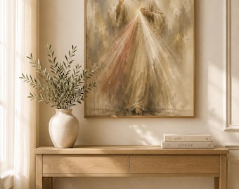 Divine Mercy Jesus Wall Art, Neutral Catholic Wall Decor, Textured Watercolor Christian Poster, Luxury Faith Home Decor Print