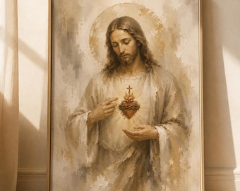 Sacred Heart of Jesus Print for the Home, Luxury Catholic Wall Art, Neutral Christian Decor, Faith Inspired Artwork