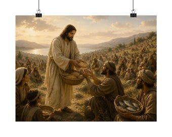 Jesus Feeds the 5000 Wall Art, Five Loaves Two Fish Christian Art, Catholic Bible Decor, Poster, Canvas or Framed Canvas