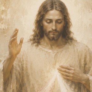 Close-up of Divine Mercy Jesus with raised blessing hand, Sacred Heart and rays of mercy