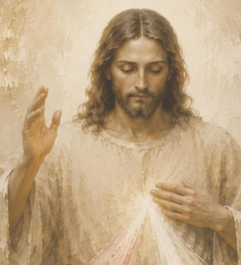 Close-up of Divine Mercy Jesus with raised blessing hand, Sacred Heart and rays of mercy