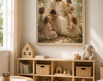 Jesus With Children Wall Art, Christian Nursery Decor, Catholic Framed Canvas Print, Faith Based Kids Room Artwork