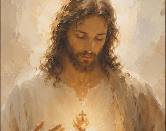 Sacred Heart of Jesus Canvas Wall Art, Catholic Jesus Painting, Christian Home Decor, Neutral Religious Artwork