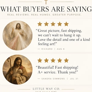 Customer reviews for Little Way Co Catholic artwork featuring Divine Mercy Jesus and Holy Family art