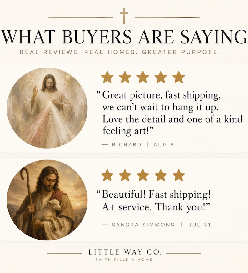 Customer reviews for Little Way Co Catholic artwork featuring Divine Mercy Jesus and Holy Family art