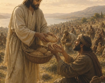 Jesus Feeds the 5000 Art Print, Five Loaves Two Fish Christian Wall Art, Catholic Eucharist Poster, Biblical Jesus Art