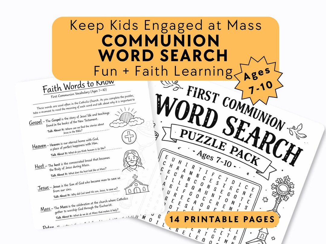 Catholic First Communion Word Search Printable PDF Kids 7-10, Religious ...