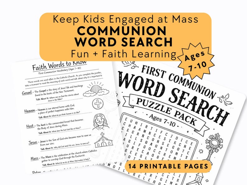 Catholic First Communion Word Search Printable PDF Kids 7-10, Religious ...