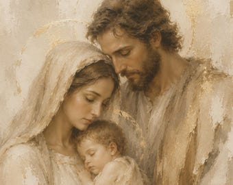 Holy Family Framed Canvas Wall Art, Jesus Mary and Joseph Catholic Art, Christian Home Decor