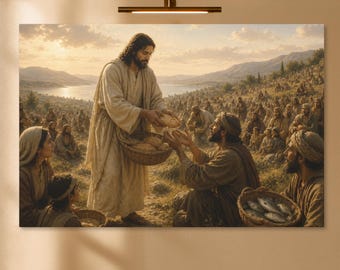 Jesus Feeds the 5000 Canvas, Five Loaves Two Fish Christian Wall Art, Catholic Eucharist Art, Biblical Jesus Decor