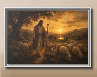 Good Shepherd Wall Art, Jesus with Sheep Christian Art, Catholic Religious Decor, Poster, Canvas or Framed Canvas