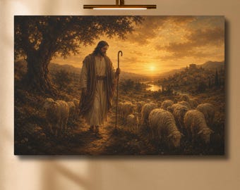 Good Shepherd Canvas Wall Art, Jesus with Sheep Christian Art, Catholic Jesus Painting, Religious Living Room Decor