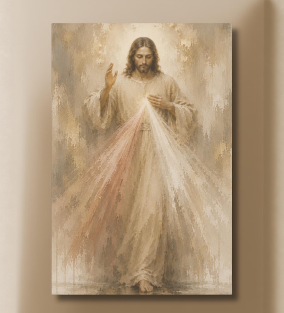 Divine Mercy Jesus Wall Art, Neutral Catholic Wall Decor, Textured Watercolor Christian Poster, Luxury Faith Home Decor Print