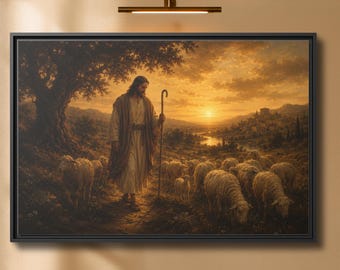 Good Shepherd Framed Canvas, Jesus with Sheep Wall Art, Large Christian Catholic Art, Religious Living Room Decor