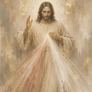 Divine Mercy of Jesus  wall art with traditional red and pale mercy rays in soft neutral tones