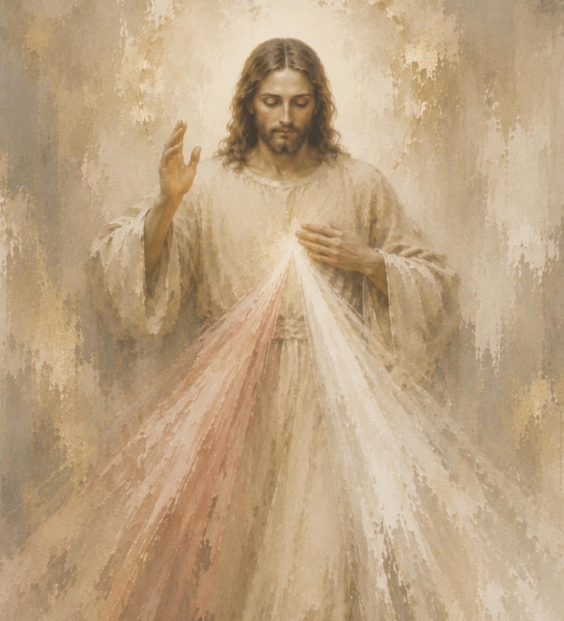 Divine Mercy of Jesus  wall art with traditional red and pale mercy rays in soft neutral tones