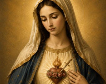 Virgin Mary Framed Canvas, Immaculate Heart of Mary Wall Art, Blessed Mother Catholic Home Decor, Marian Religious Artwork