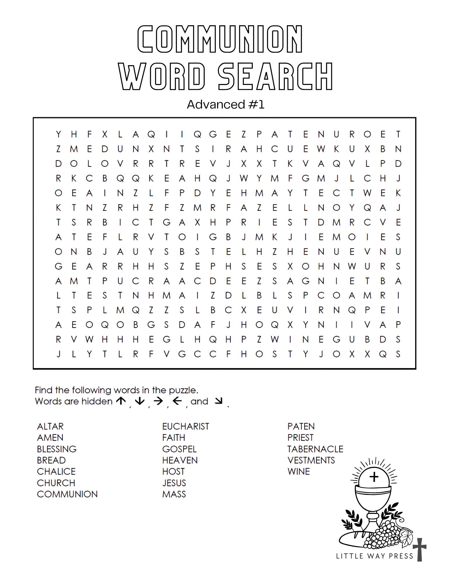 Catholic First Communion Word Search Printable PDF Kids 7-10, Religious ...