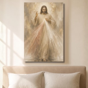 mLarge Divine Mercy Jesus  wall art displayed above a neutral bed in a warm Catholic home