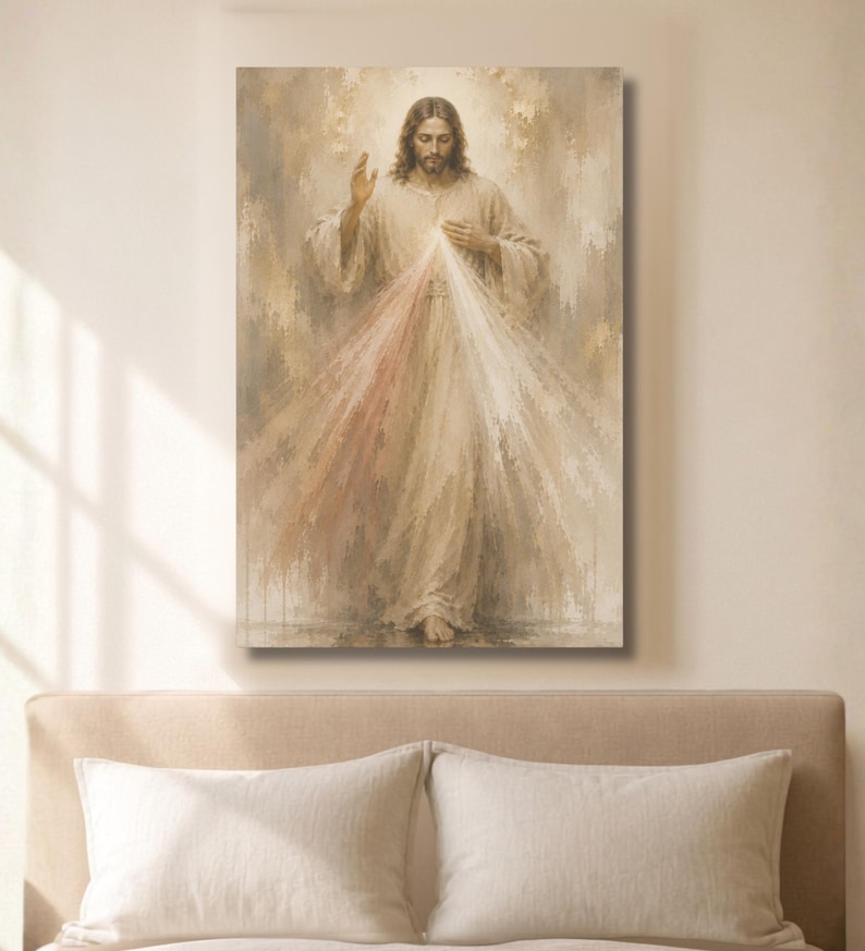 mLarge Divine Mercy Jesus  wall art displayed above a neutral bed in a warm Catholic home