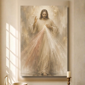 Divine Mercy Jesus canvas displayed as Catholic wall art in a bright neutral home interior