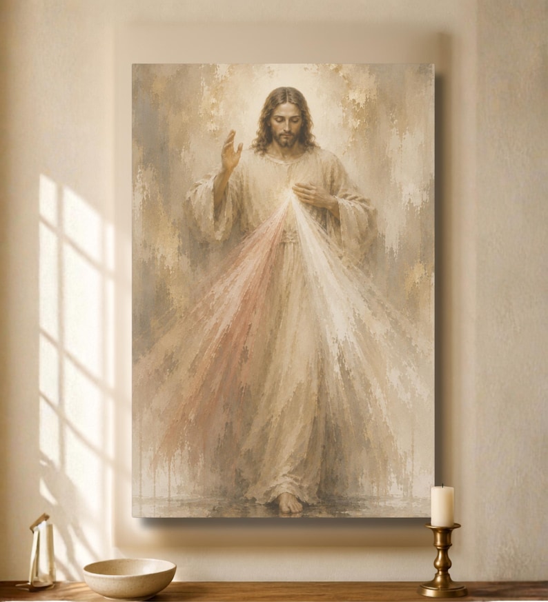 Divine Mercy Jesus canvas displayed as Catholic wall art in a bright neutral home interior