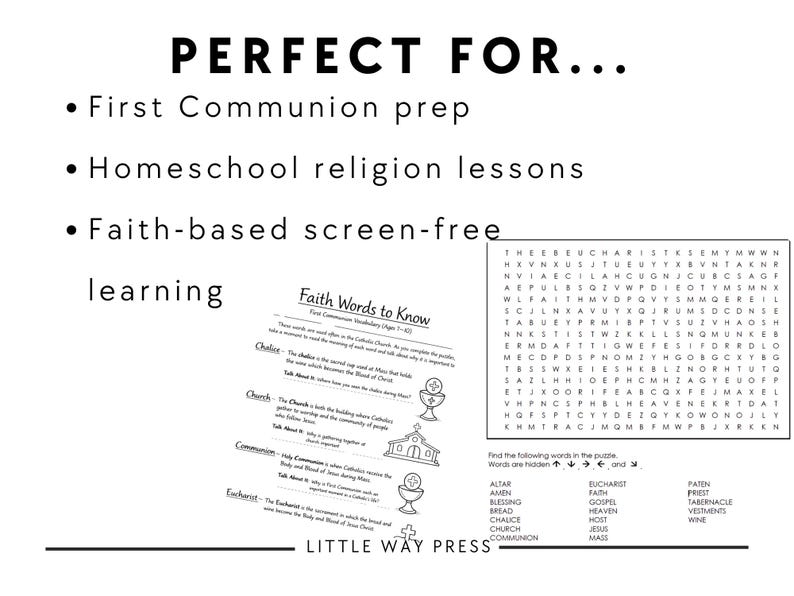 Catholic First Communion Word Search Printable PDF Kids 7-10, Religious ...
