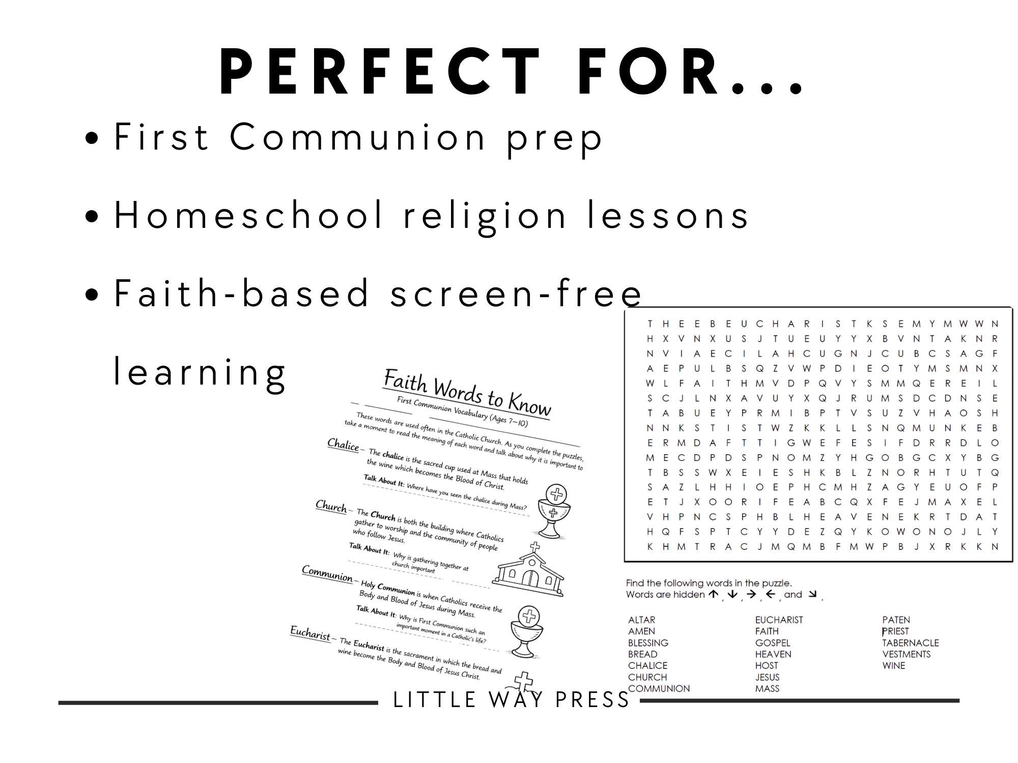Catholic First Communion Word Search Printable PDF Kids 7-10, Religious ...