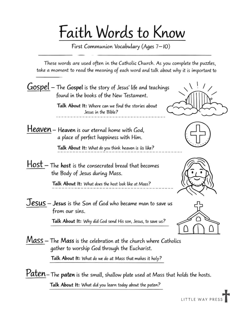 Catholic First Communion Word Search Printable PDF Kids 7-10, Religious ...
