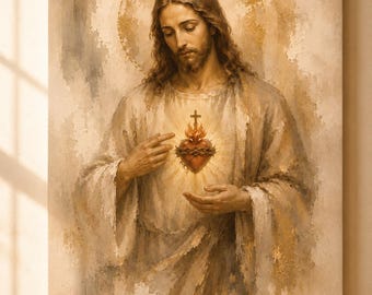 Sacred Heart of Jesus Canvas Wall Art, Luxury Catholic Canvas, Neutral Christian Home Decor, Ready to Hang Religious Artwork