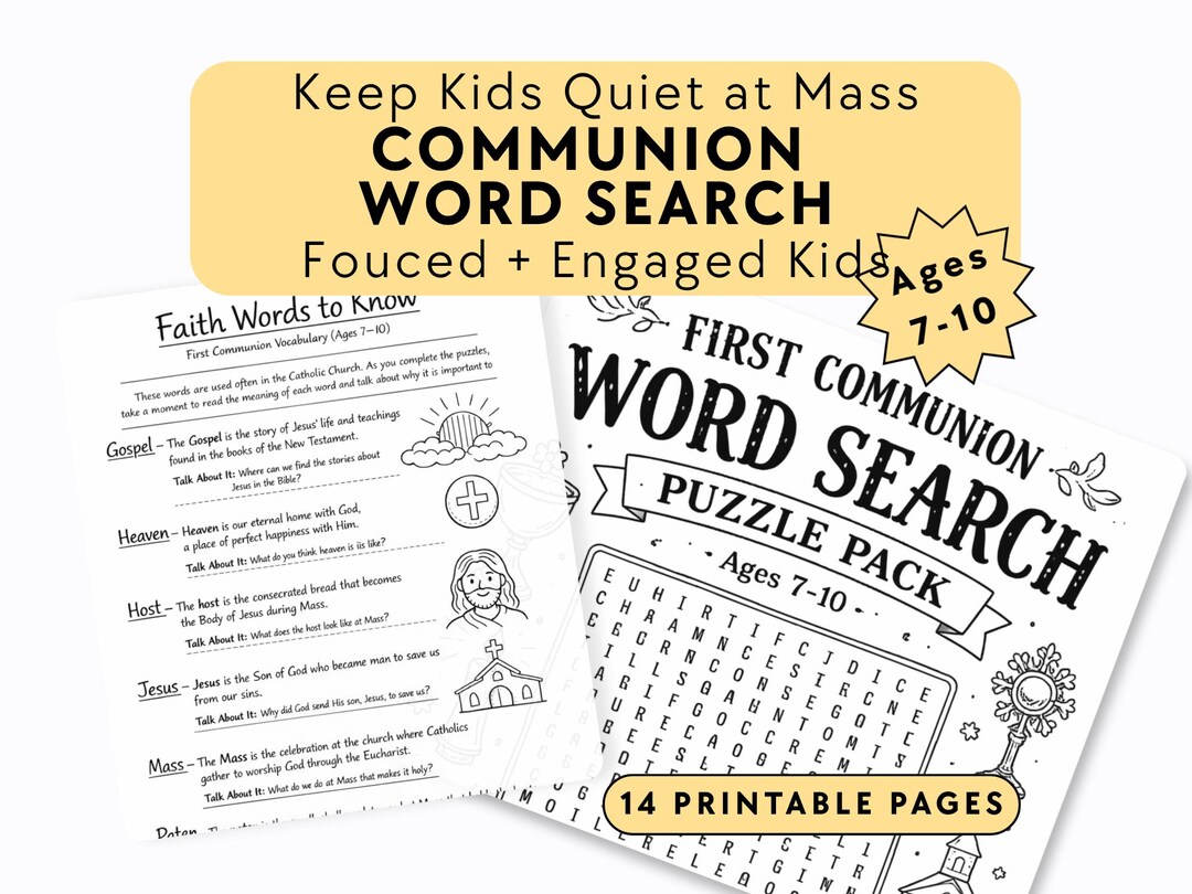 Catholic Quiet Mass Activity Printable Kids 7-10 First Communion Word ...